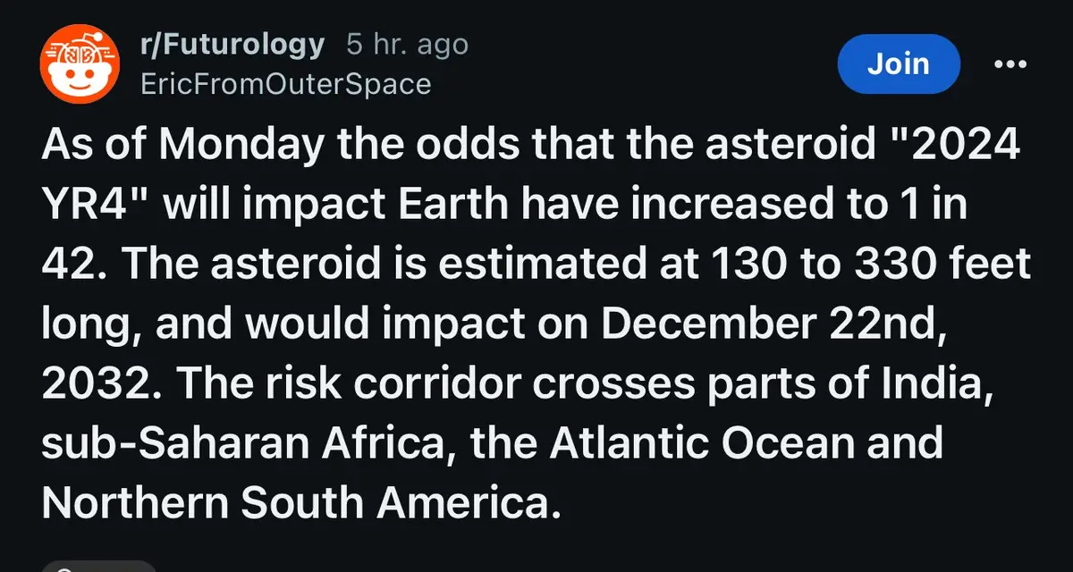 A screenshot of a Reddit post from r/Futurology shows white text on a black background detailing an asteroid named '2024…