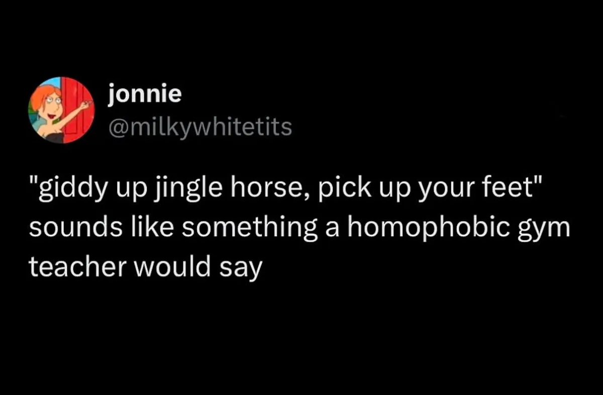 A screenshot of a tweet by user 'jonnie' (@milkywhitetits) with a cartoon avatar of a woman with orange hair pointing. The…