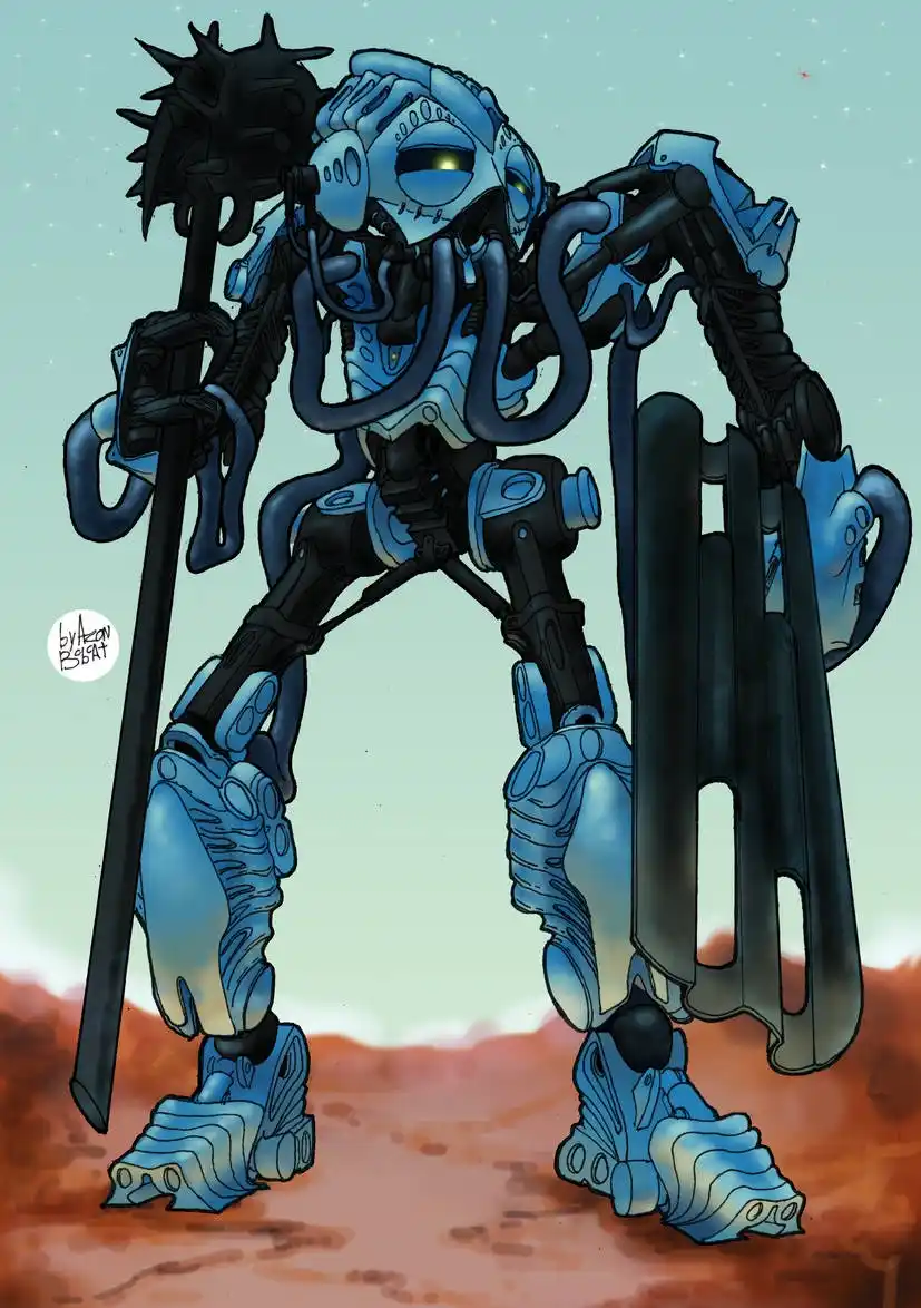 A towering blue and black biomechanical robot stands in a desert-like landscape under a starry sky, holding a spiked mace in…