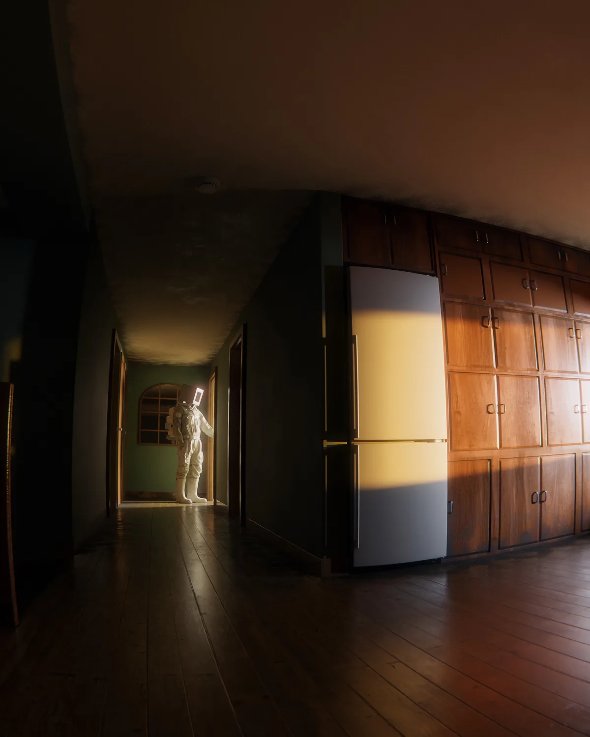 A person in a full white astronaut suit stands in a dimly lit hallway, illuminated by sunlight streaming through a doorway…