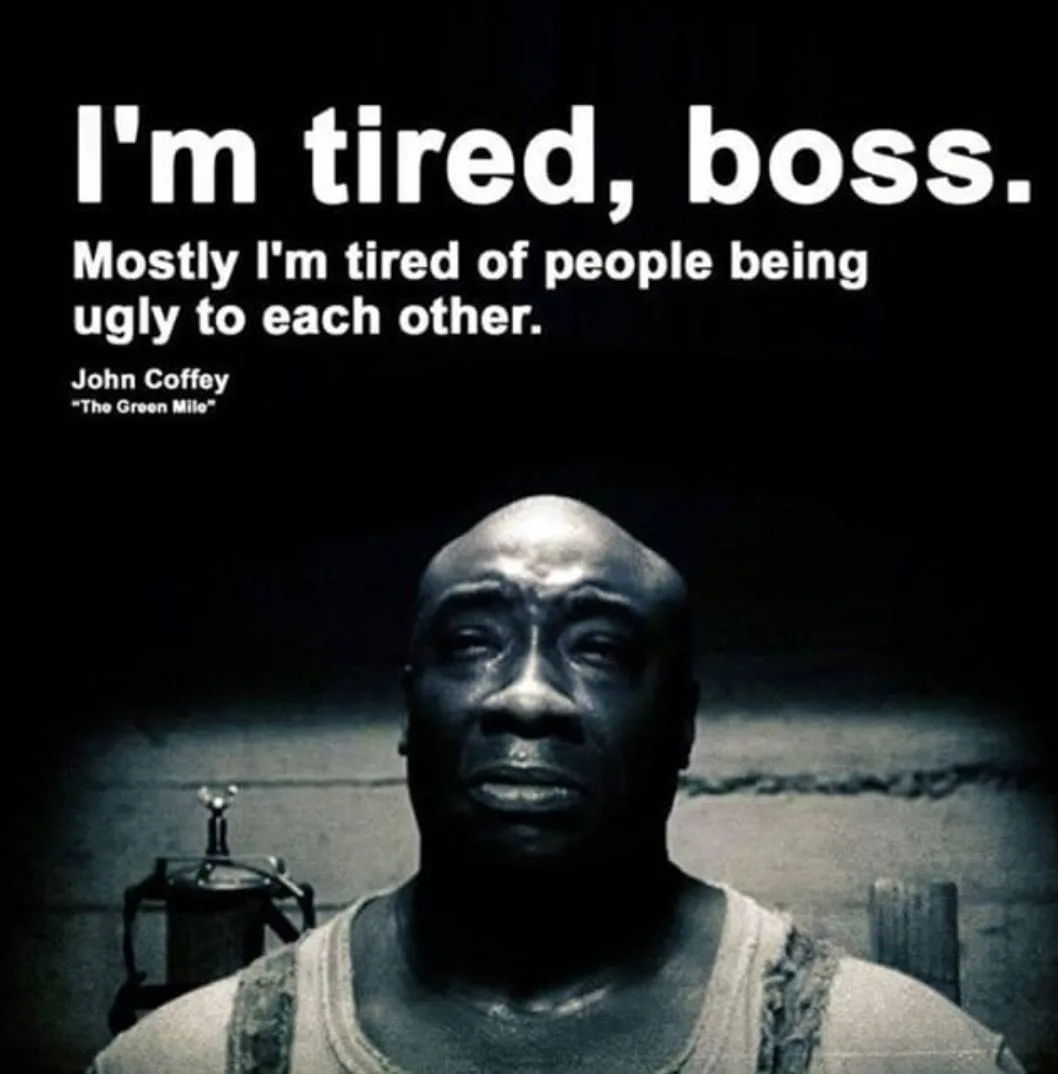 A black-and-white image shows a close-up of John Coffey from 'The Green Mile,' looking weary and sad. White text overlaid at…