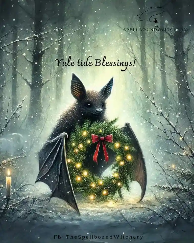A dark-furred bat with large ears and spread wings stands in a snowy, misty forest, holding a glowing green wreath adorned…
