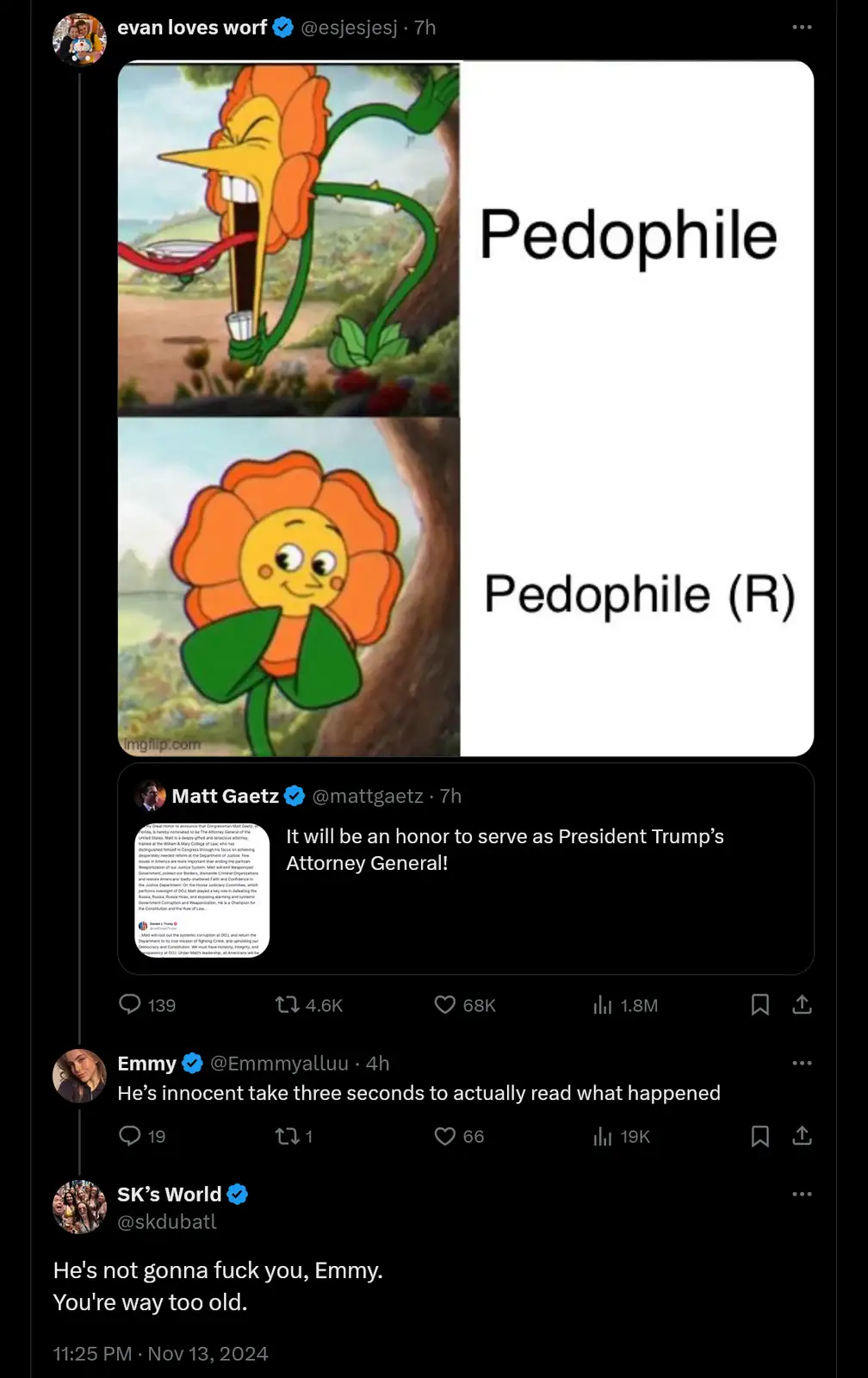 The image is a two-panel meme featuring a cartoon flower. In the top panel, the flower has a menacing, angry expression with…