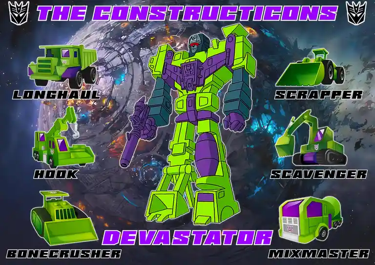A promotional-style image displays six green and purple Decepticon Transformers, known as the Constructicons, arranged…