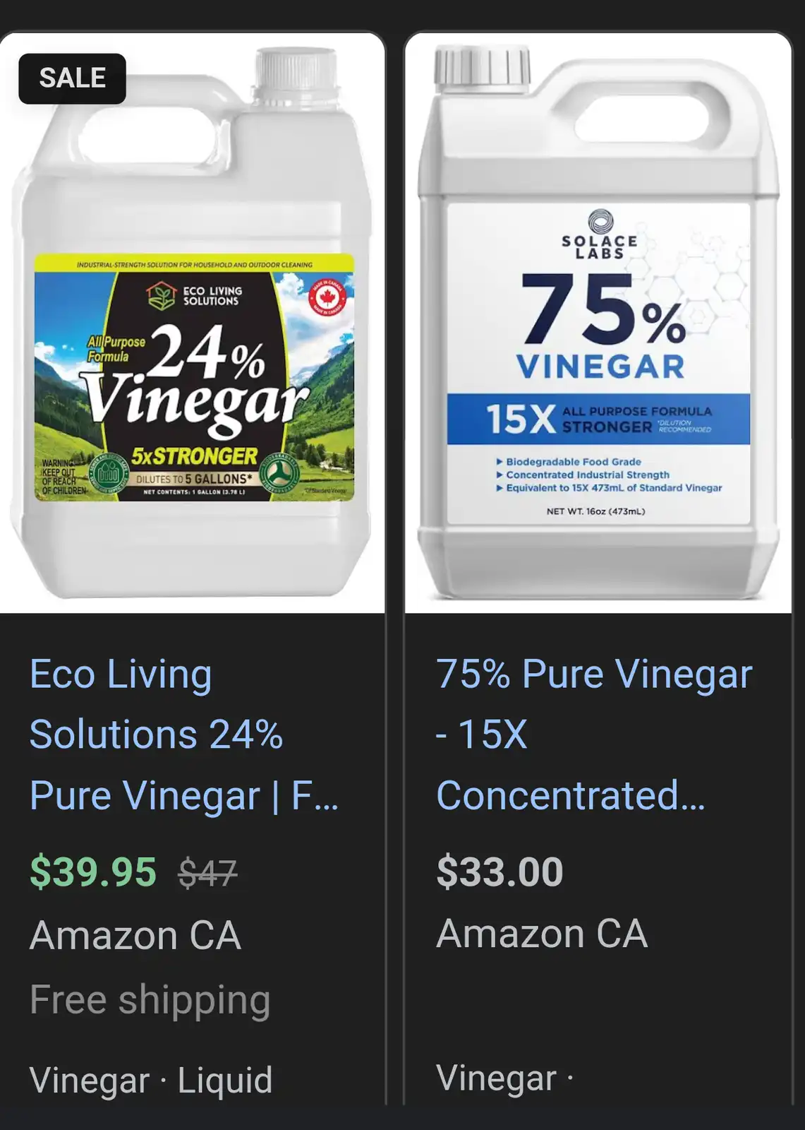 The image displays two side-by-side Amazon product listings for concentrated vinegar. The left product, labeled 'Eco Living…