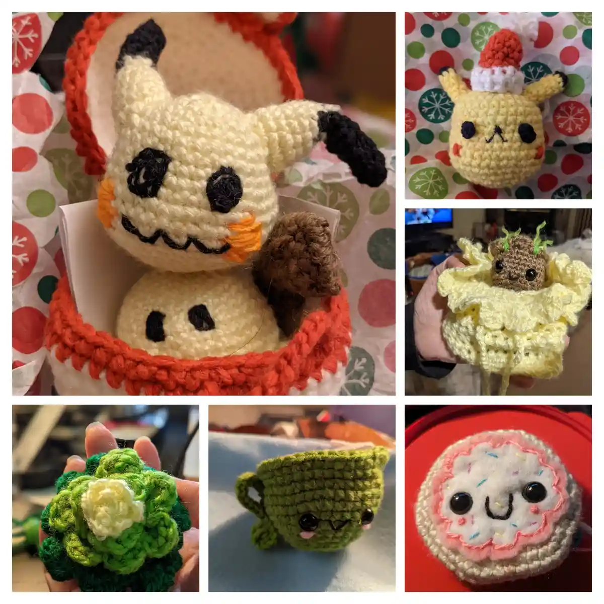 A collage of six handmade crochet amigurumi toys: a skeletal Pokémon in a red basket, a Pikachu wearing a Santa hat, a baby…