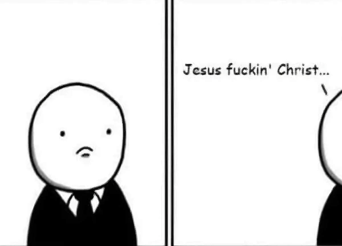 A black-and-white comic strip shows a simple stick figure in a suit looking shocked or dismayed in the left panel, while the…