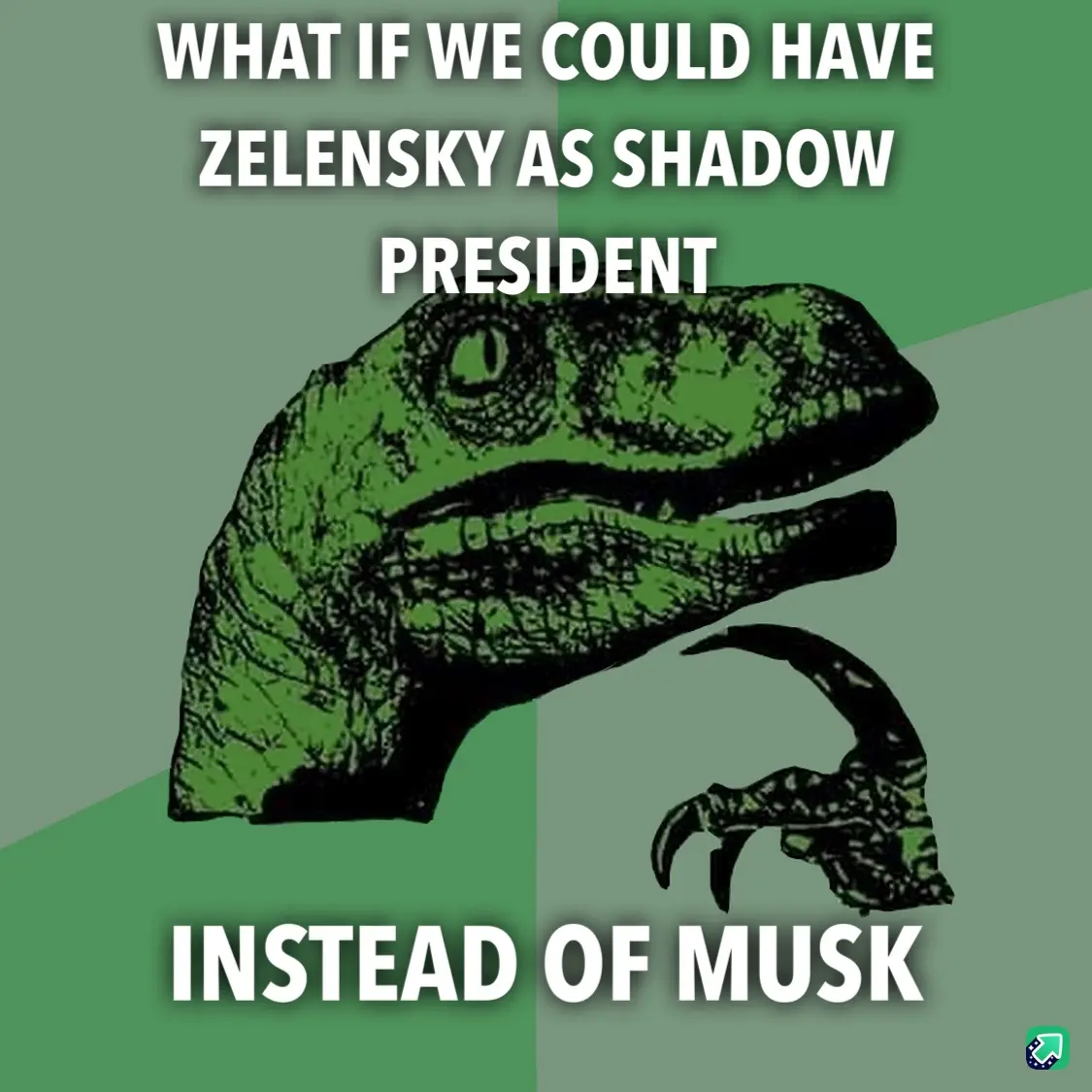 The image features the iconic 'Philosoraptor' meme template, showing a green, stylized dinosaur with a thoughtful expression…