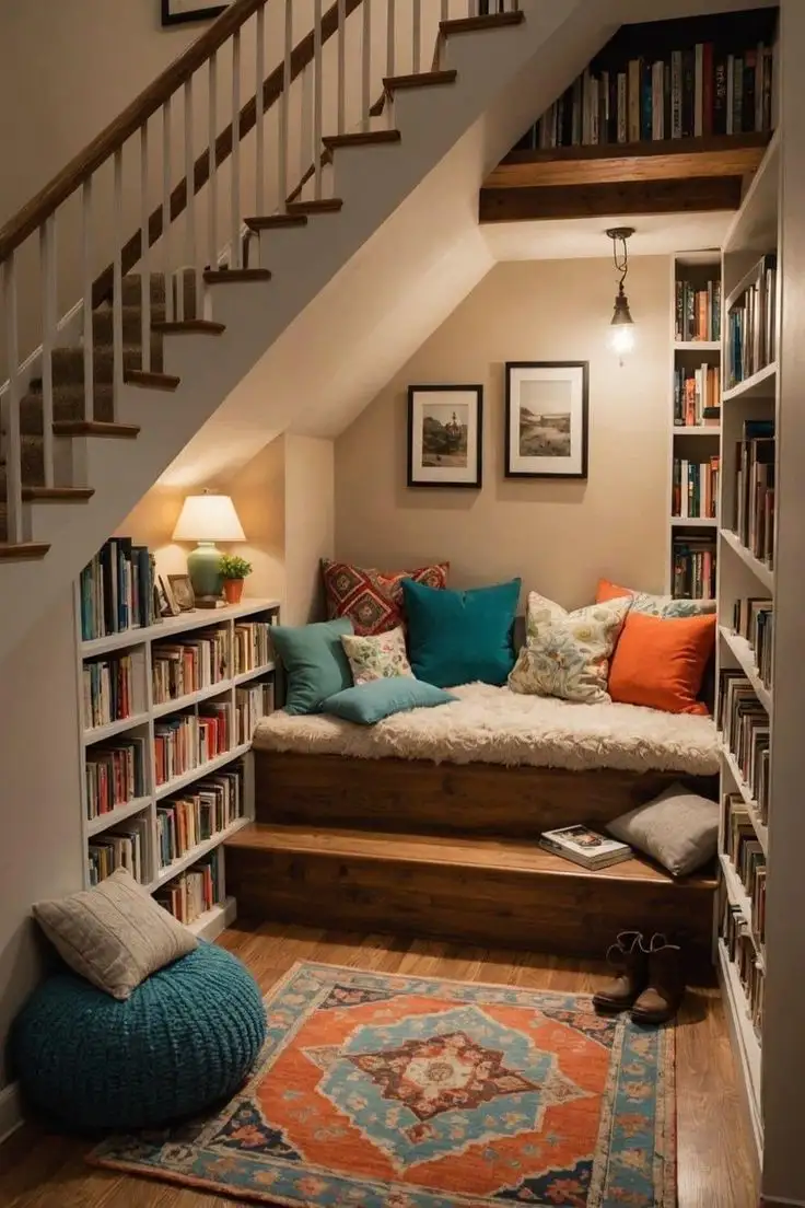 A cozy reading nook under a staircase, surrounded by bookshelves filled with books, features a wooden bench with colorful…