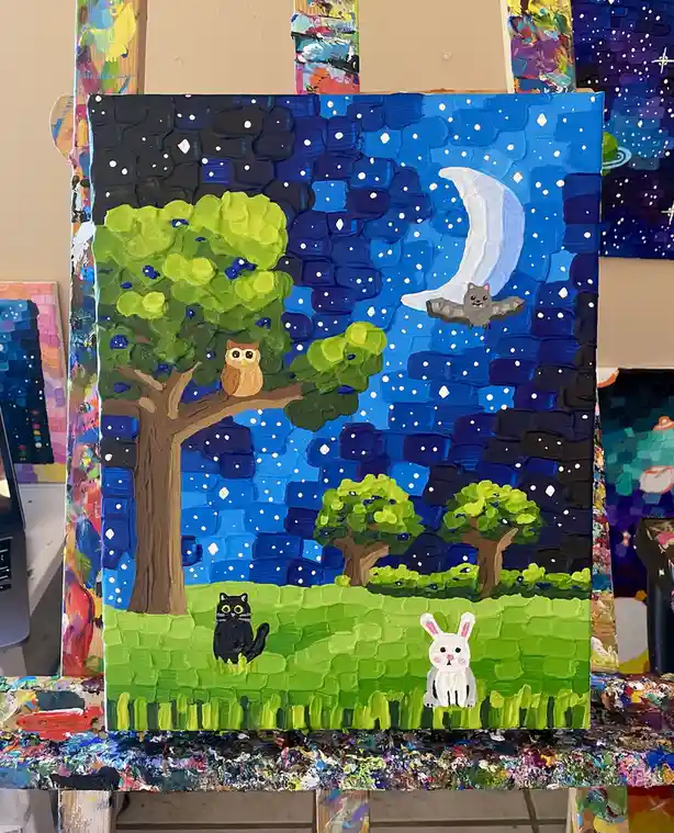A textured, thickly painted night scene depicts an owl perched in a tree, a bat flying near a crescent moon, a black cat…