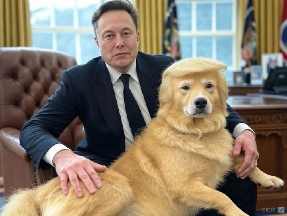 A man in a dark suit sits in an office chair next to a golden retriever wearing a blonde wig styled like former president…
