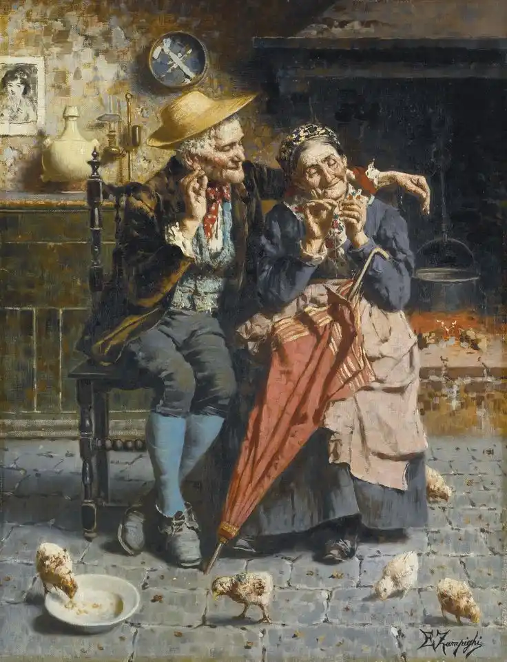 An old oil painting depicts a man and woman in rustic clothing sitting together, smiling and eating small pieces of food…