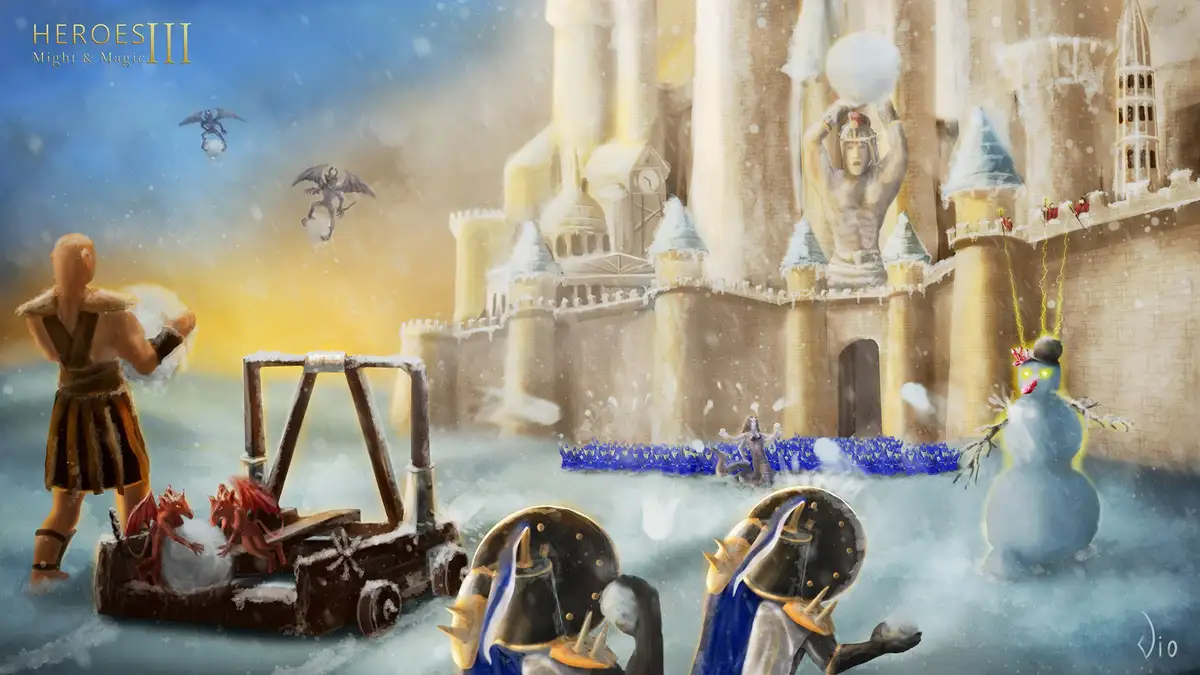 A snowy fantasy battle scene from 'Heroes III: Might & Magic' shows a snowman with glowing eyes and a carrot nose standing…