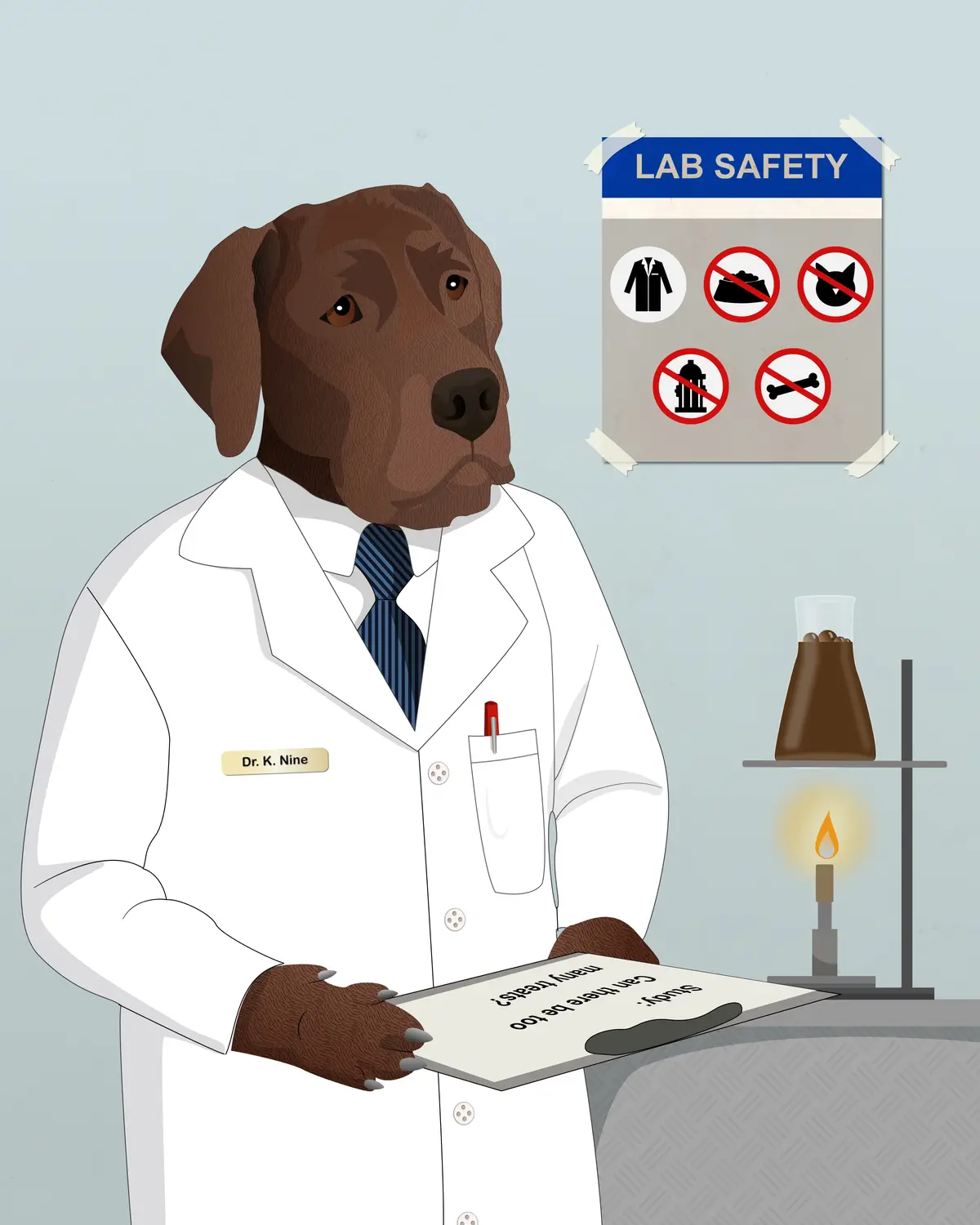 A cartoon brown dog wearing a white lab coat and blue tie, with a name tag reading 'Dr. K. Nine', holds a clipboard with the…