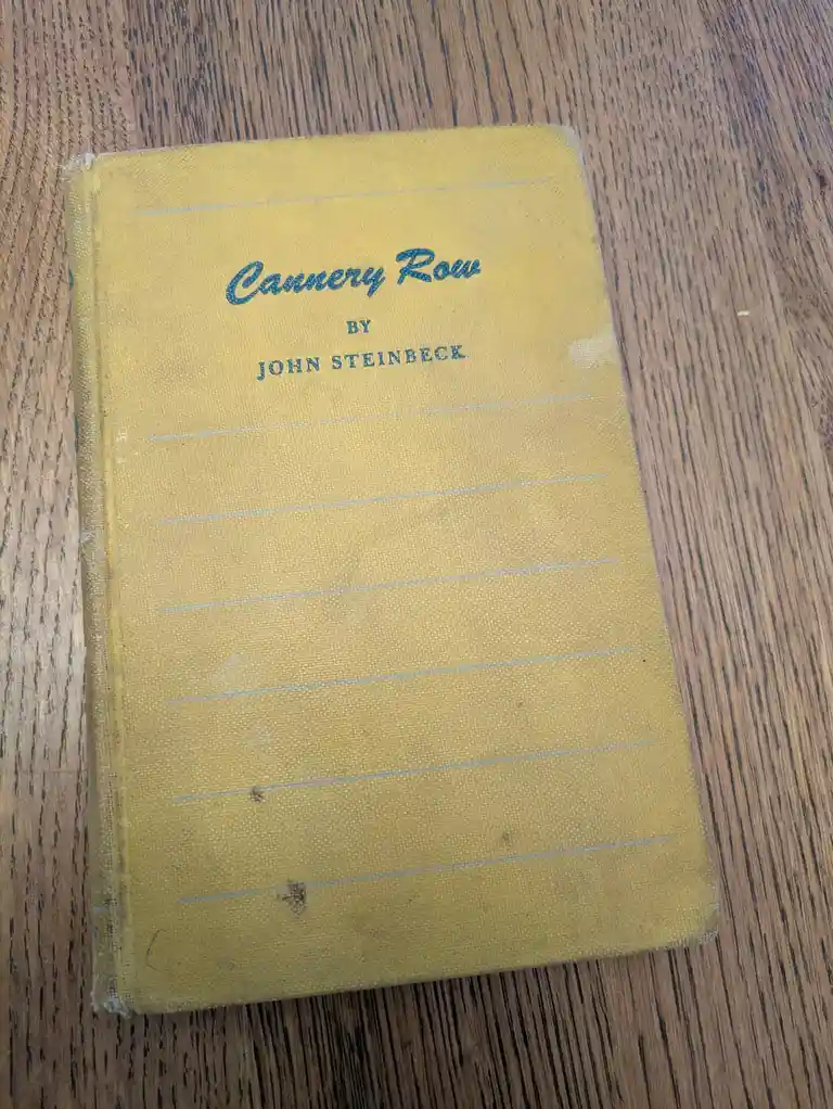A yellow cloth-covered book titled 'Cannery Row' by John Steinbeck lies on a wooden surface, its cover showing signs of wear…