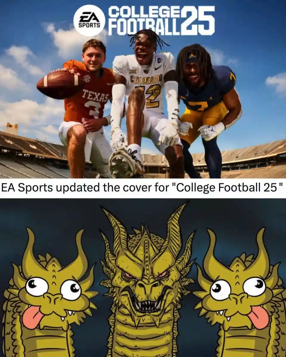 The top half shows the official cover art for EA Sports' College Football 25, featuring three real college football players…