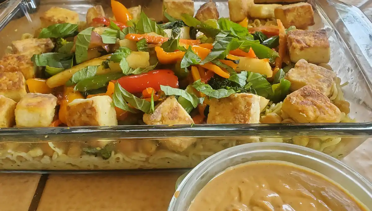 A glass baking dish filled with a colorful, layered vegan meal featuring tofu, bell peppers, broccoli, and herbs, with a…