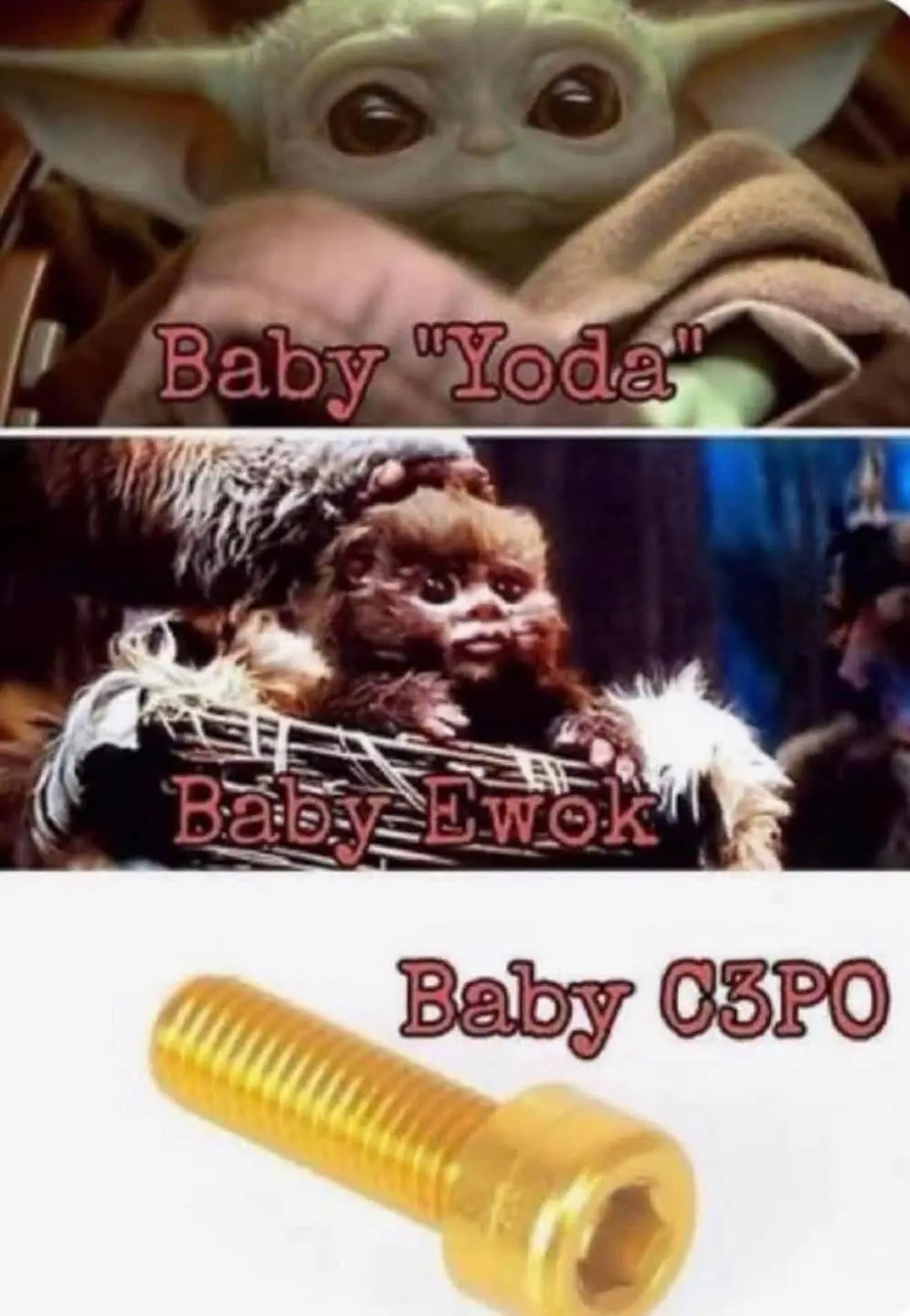 The image is a three-panel meme. The top panel shows a close-up of the character Grogu (Baby Yoda) with the text 'Baby…