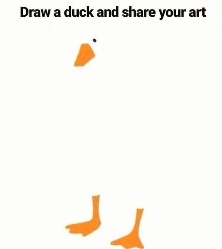 The image shows a minimalist, abstract drawing of a duck composed of only three orange shapes: a triangular beak at the top…