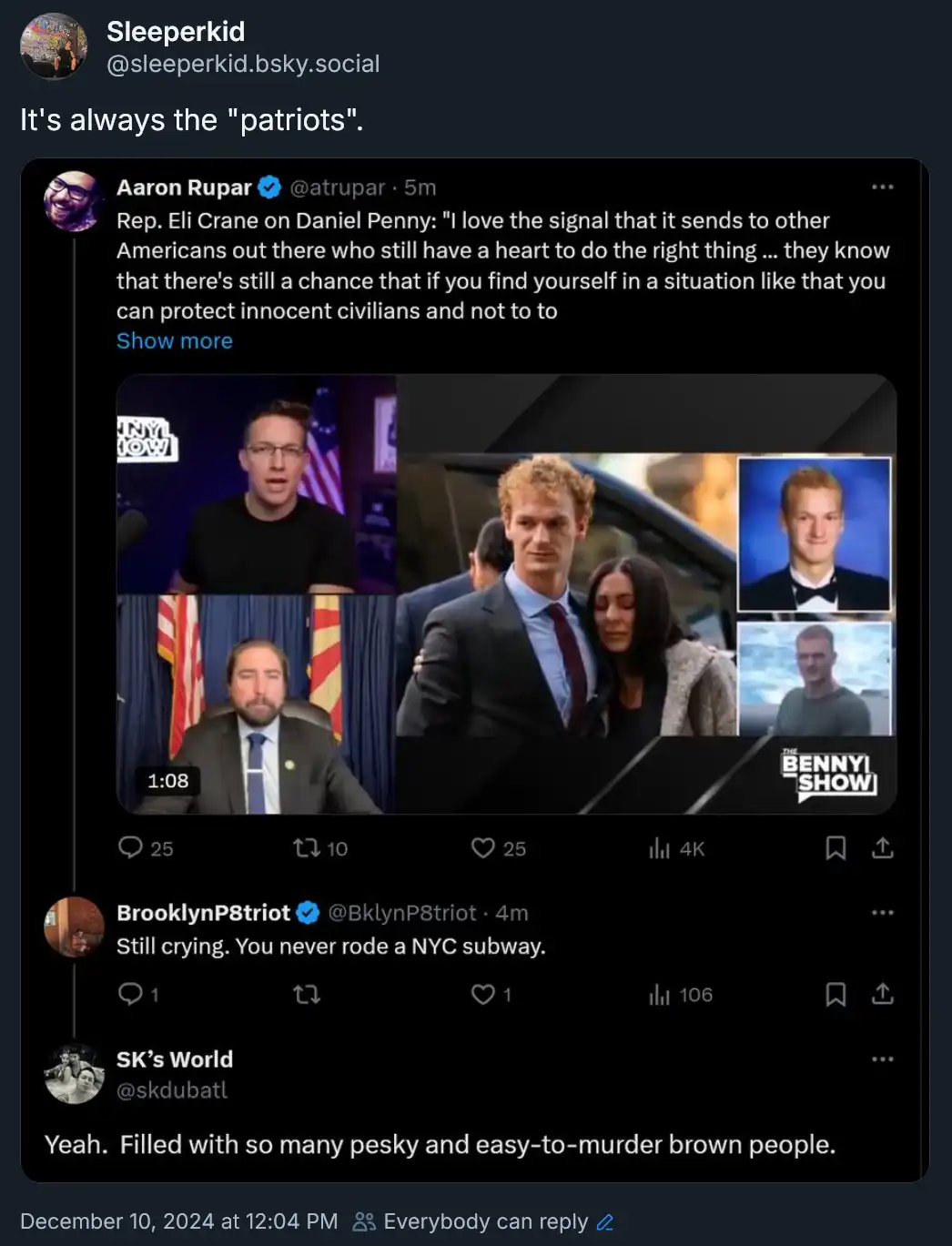 A screenshot of a social media post showing a tweet from Aaron Rupar about Rep. Eli Crane praising Daniel Penny for…