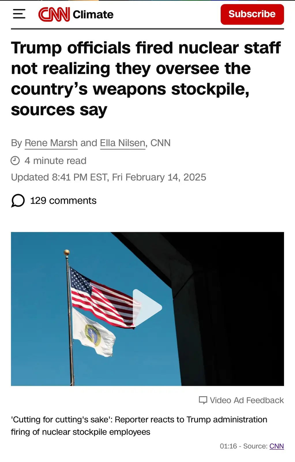 A screenshot of a CNN Climate article shows a headline about Trump officials firing nuclear staff without realizing they…