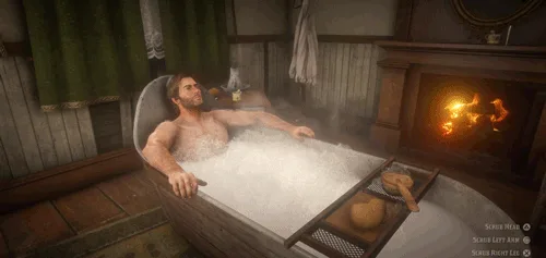 A man is shown relaxing in a steaming wooden bathtub in a rustic room with a fireplace. The image is repeated in a grid of…