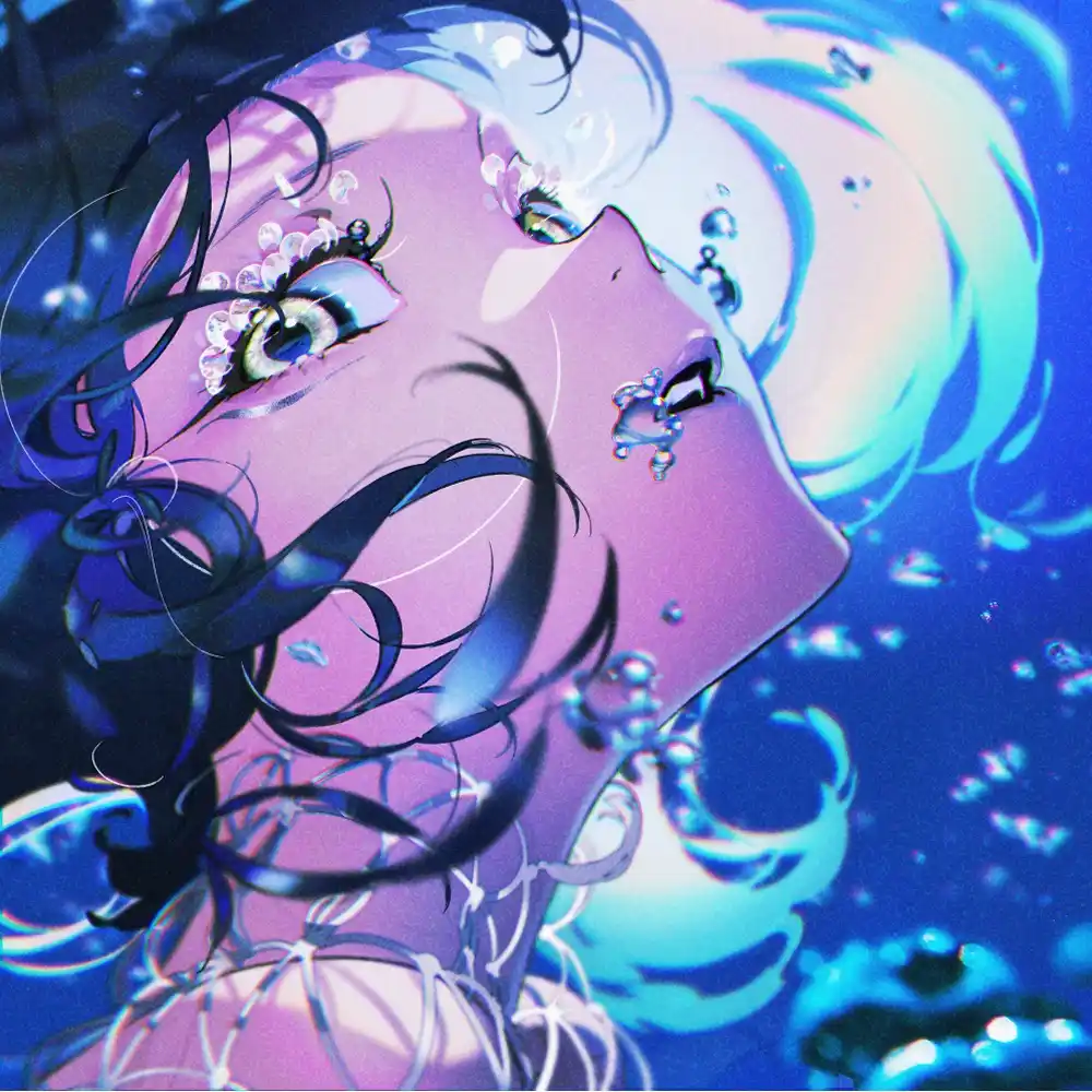 An anime-style illustration of a young woman with pale pink skin and dark hair submerged underwater, surrounded by bubbles…