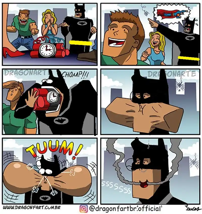 A six-panel comic strip shows Batman using a timer bomb to defeat Superman, but instead of exploding, the bomb causes Batman…