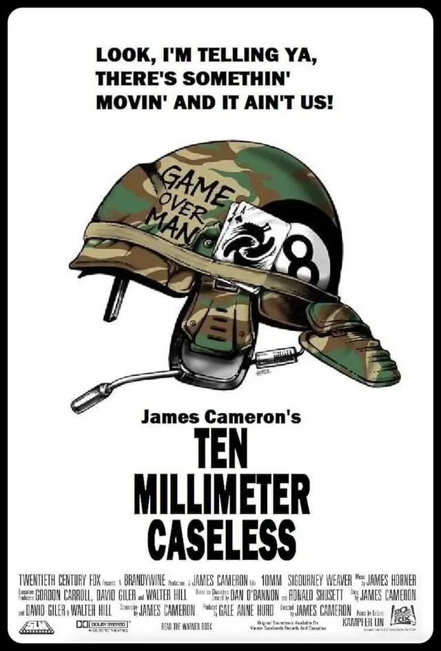 A parody movie poster for 'James Cameron's TEN MILLIMETER CASELESS' features a camouflage military helmet with 'GAME OVER…