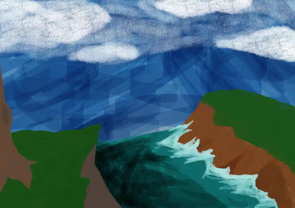 A stylized digital painting depicts a dramatic coastal scene with two cliffs facing each other across a churning sea, under…