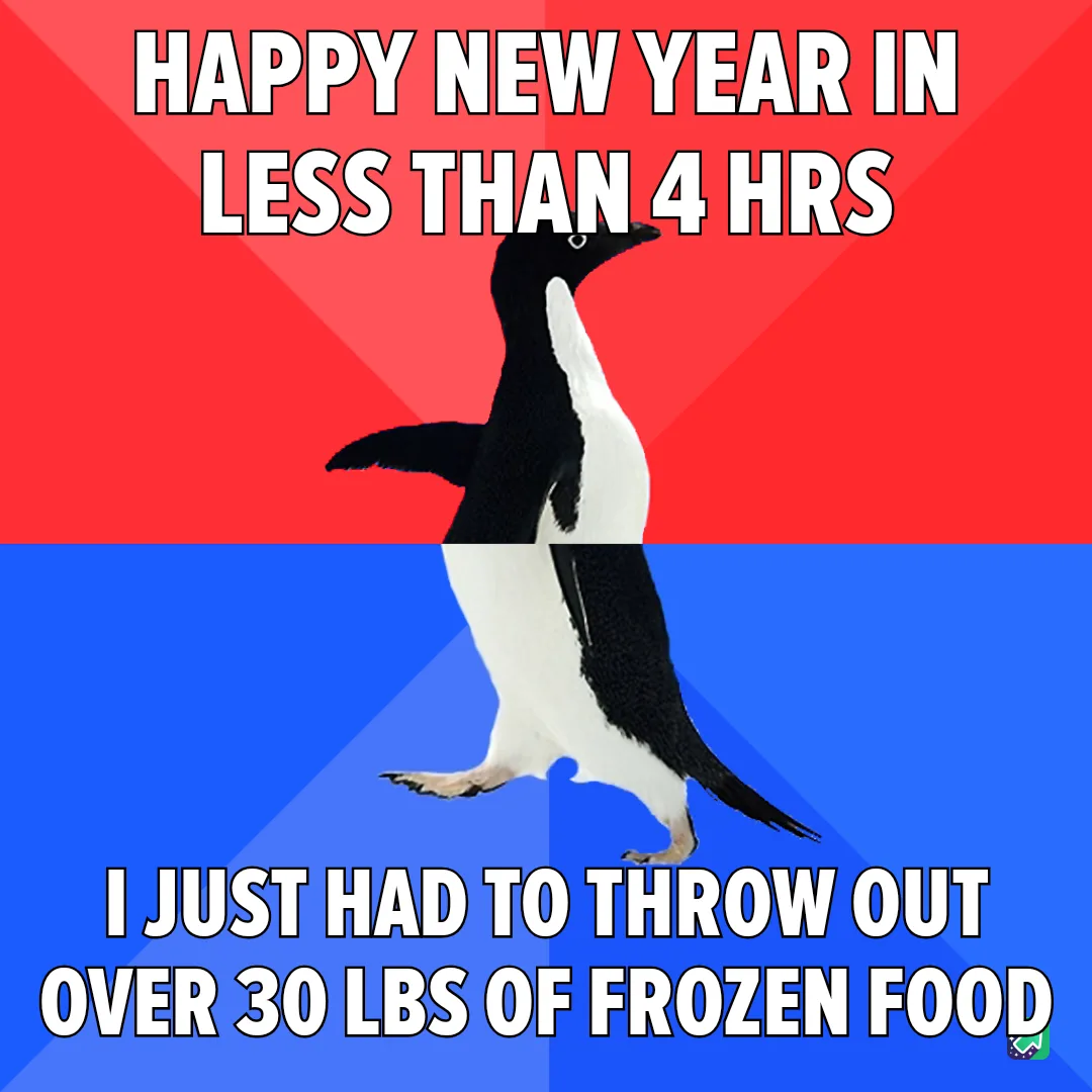 A penguin stands centered against a red and blue background, with bold white text at the top reading 'HAPPY NEW YEAR IN LESS…