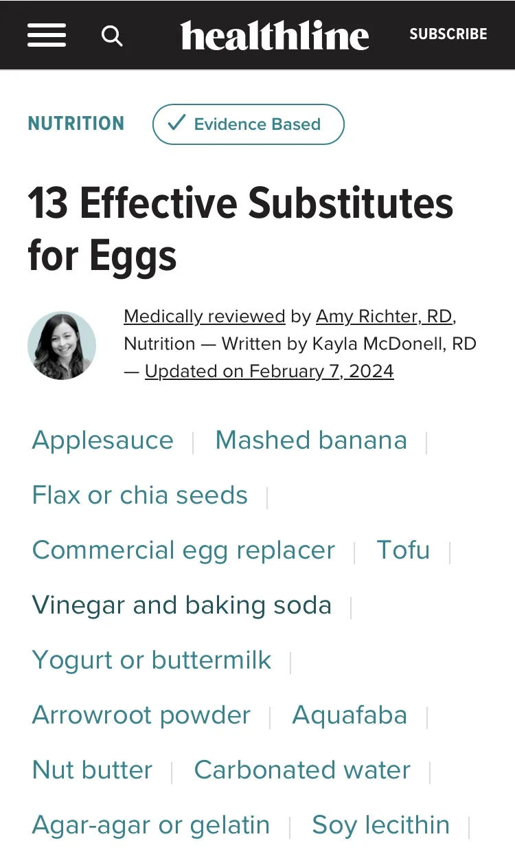 A screenshot of a Healthline article titled '13 Effective Substitutes for Eggs' lists items like applesauce, mashed banana…