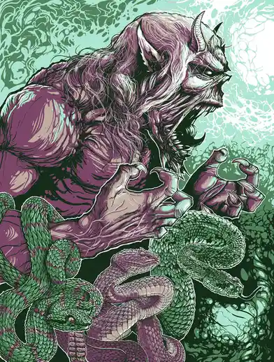 A stylized illustration depicts a monstrous, purple-skinned, horned creature with long hair, roaring aggressively while…