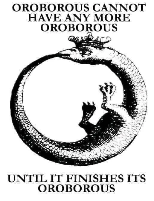 A black-and-white illustration of a crowned serpent eating its own tail, forming a circle. The text above reads 'OROBOROUS…