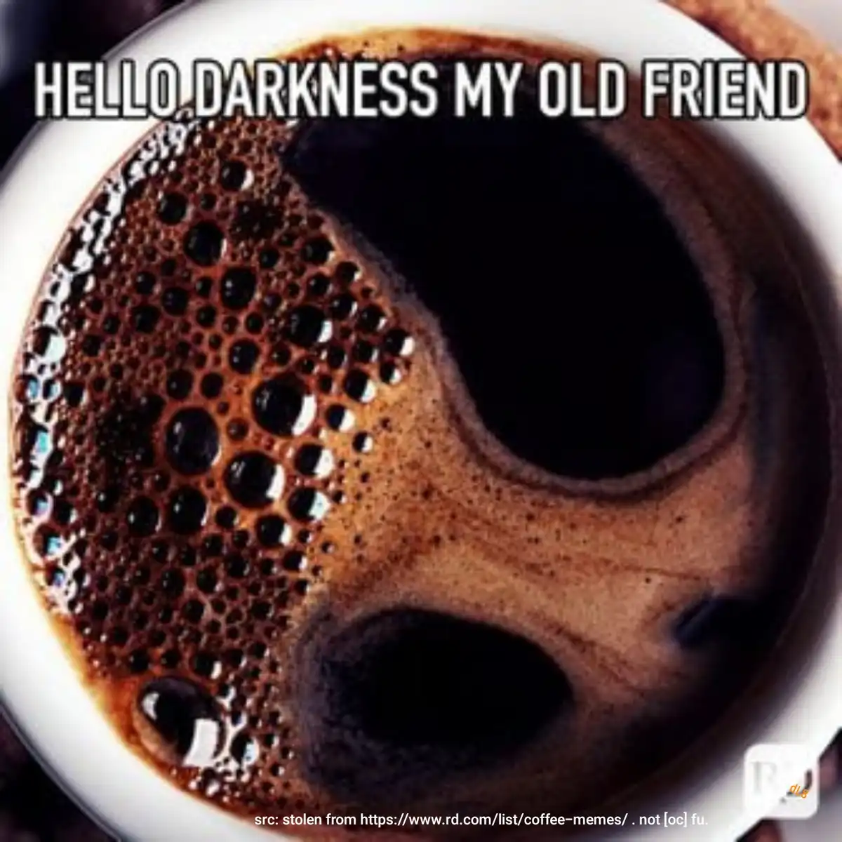 A top-down view of a white cup of black coffee, where the dark liquid and foam form a face with two large, dark, hollow eyes…