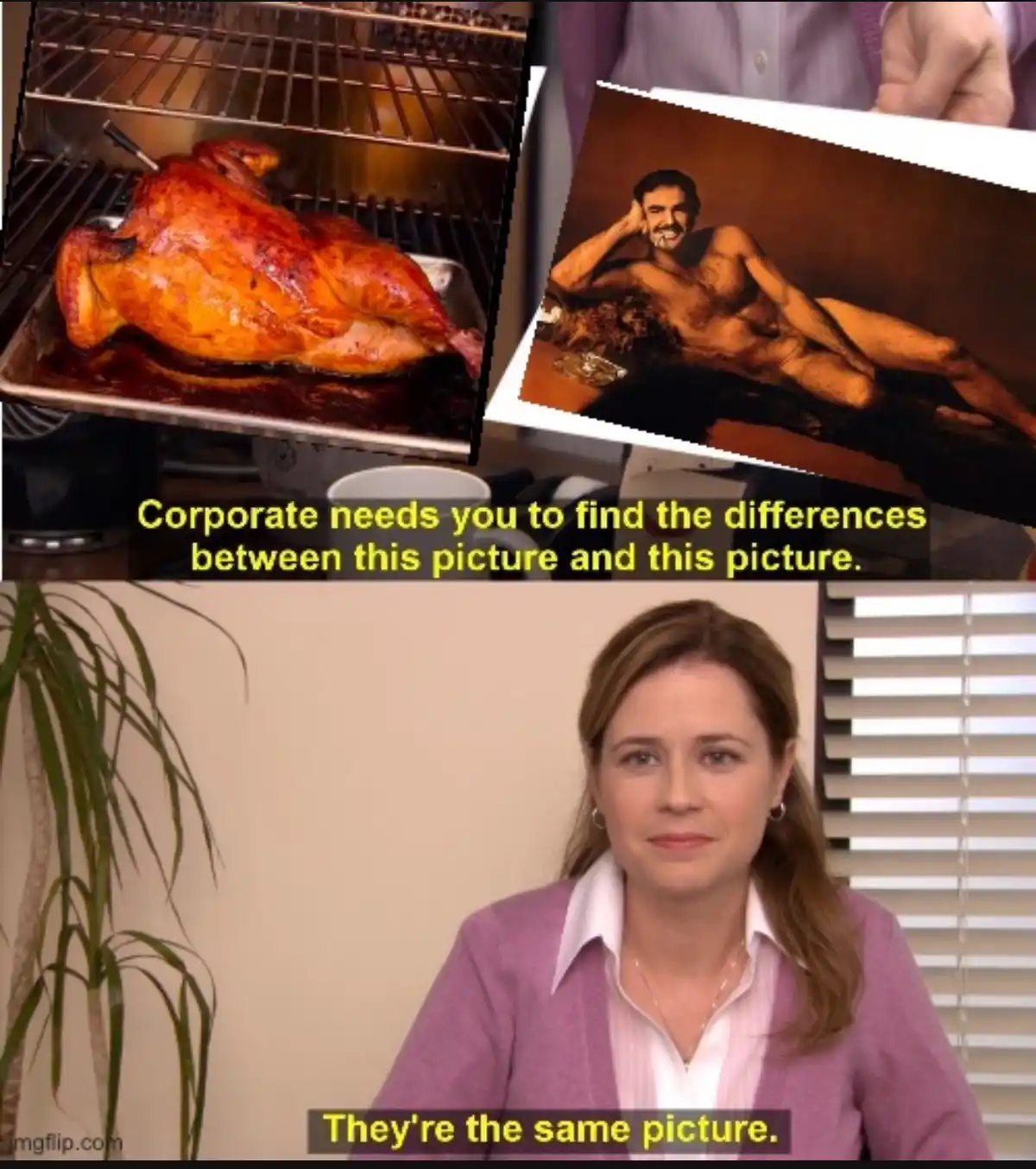 The image is a meme featuring two side-by-side pictures: one of a roasted turkey in an oven and another of a shirtless man…