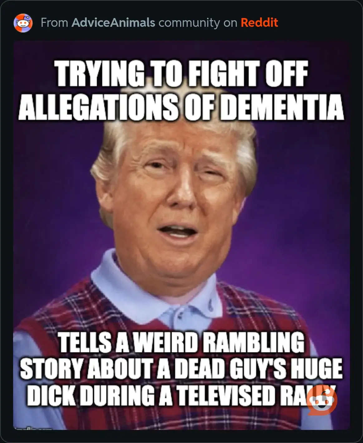 The image shows a close-up of Donald Trump with a confused or strained expression, wearing a red plaid vest over a light…