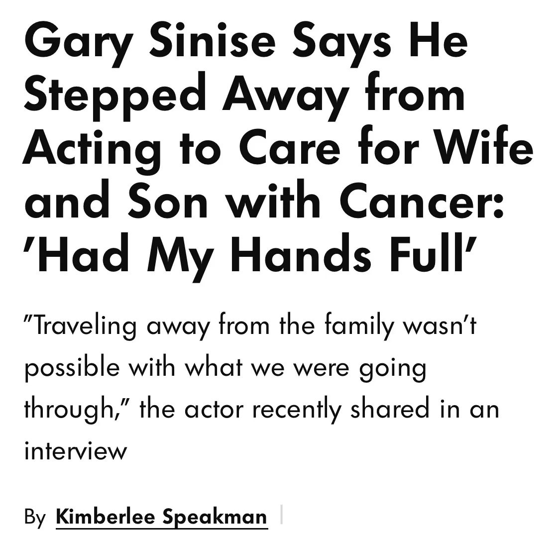The image displays a news article headline in bold black text on a white background. The headline reads 'Gary Sinise Says He…