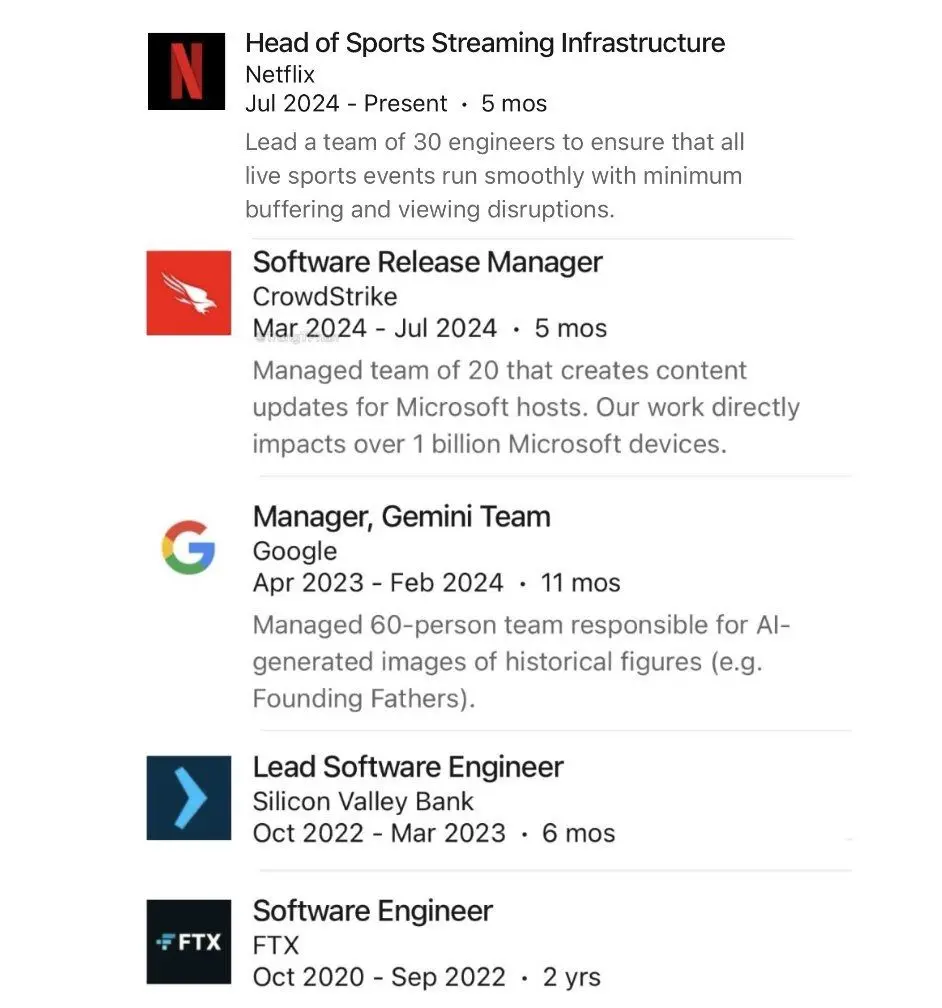 A screenshot of a resume or LinkedIn profile showing a list of five recent job titles with companies like Netflix…
