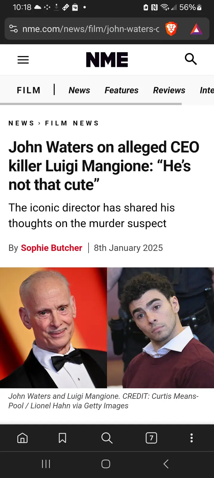 A screenshot of an NME news article shows side-by-side photos of John Waters in a tuxedo and Luigi Mangione in a maroon…