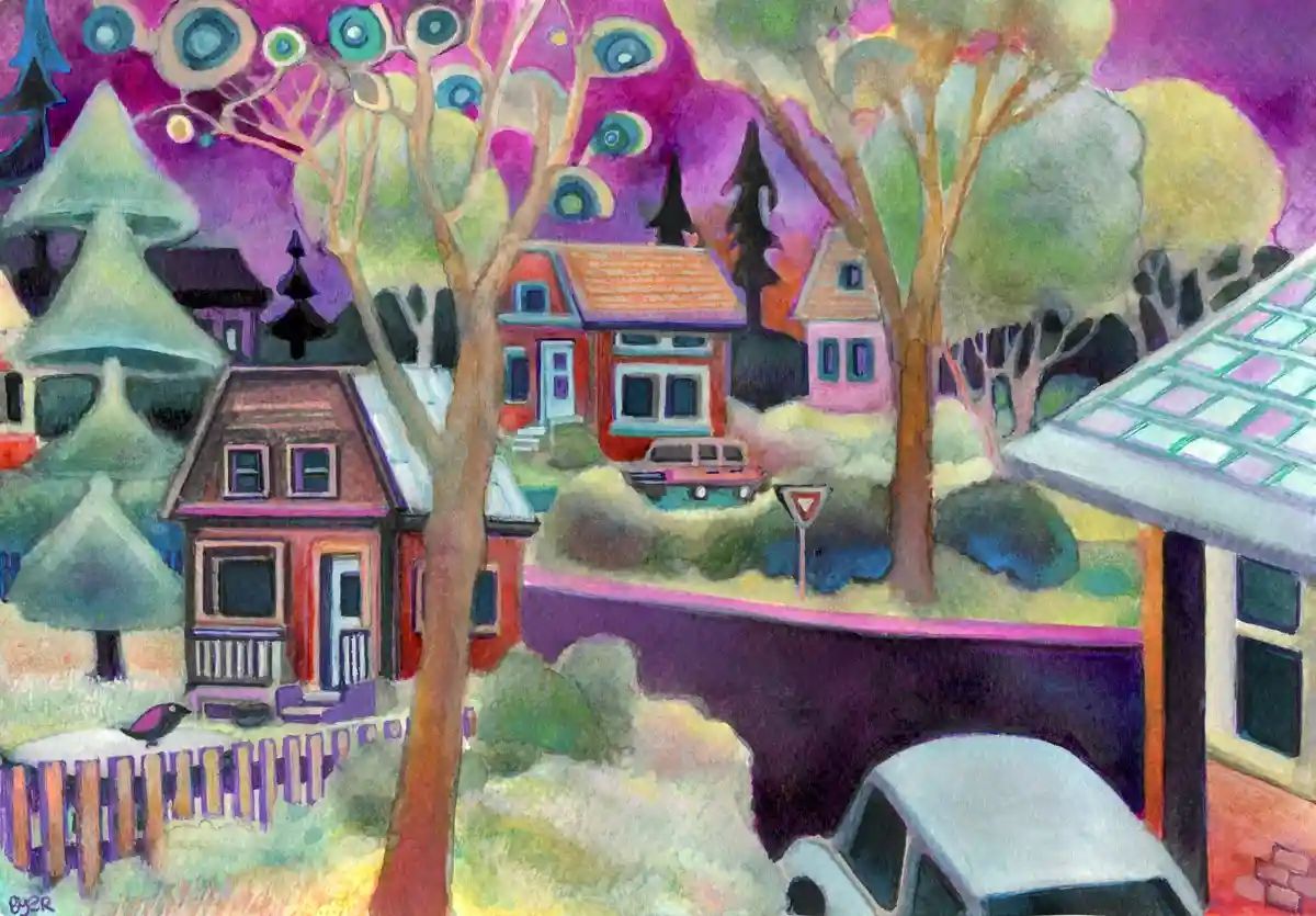 A colorful, stylized painting of a suburban neighborhood with houses, trees, and cars under a vibrant purple sky. The…