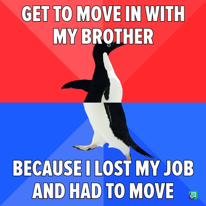 A penguin stands split between a red and blue background, with white bold text above reading 'GET TO MOVE IN WITH MY…