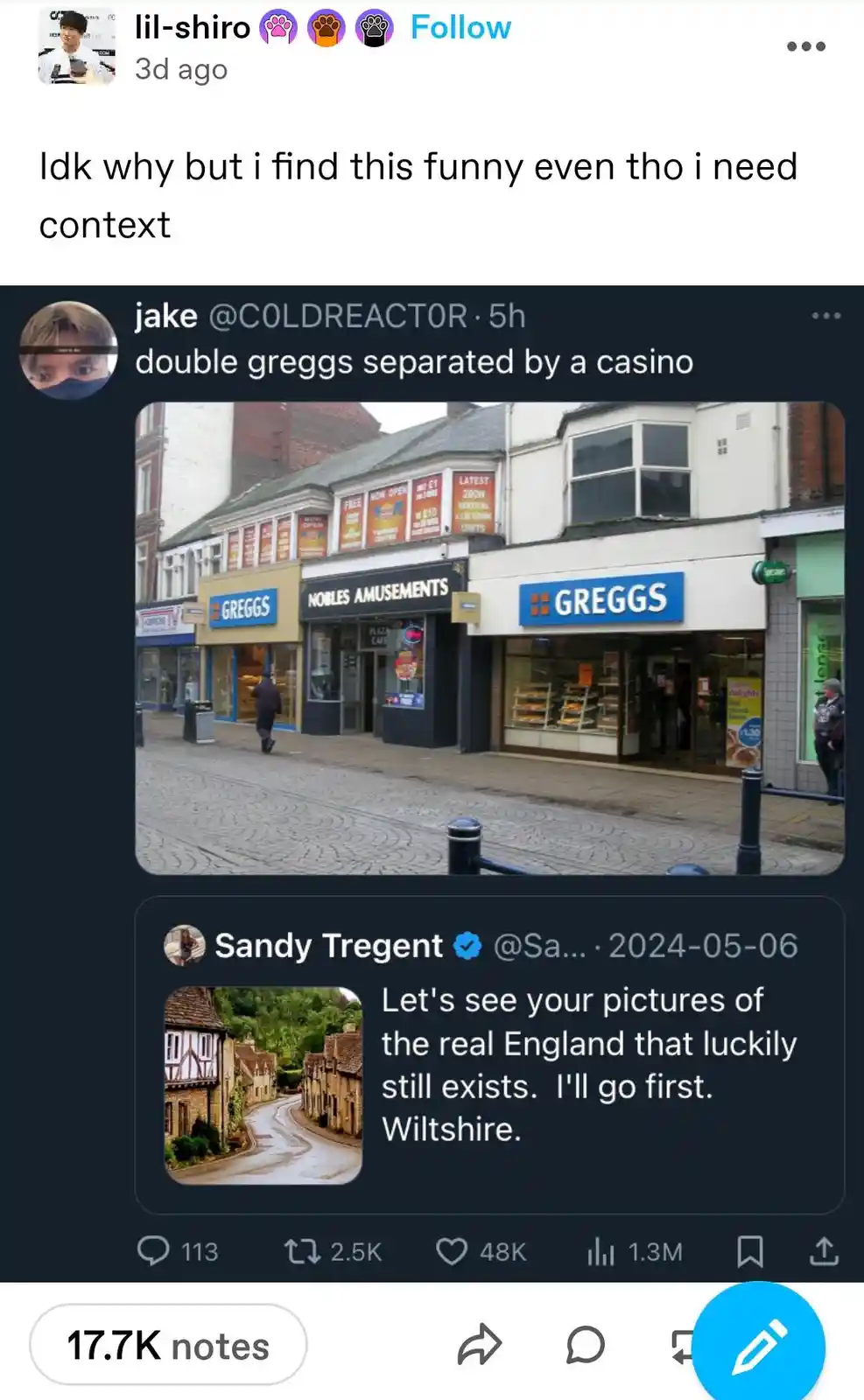 A street view image shows two Greggs bakery storefronts positioned on opposite sides of a street, with a casino named…