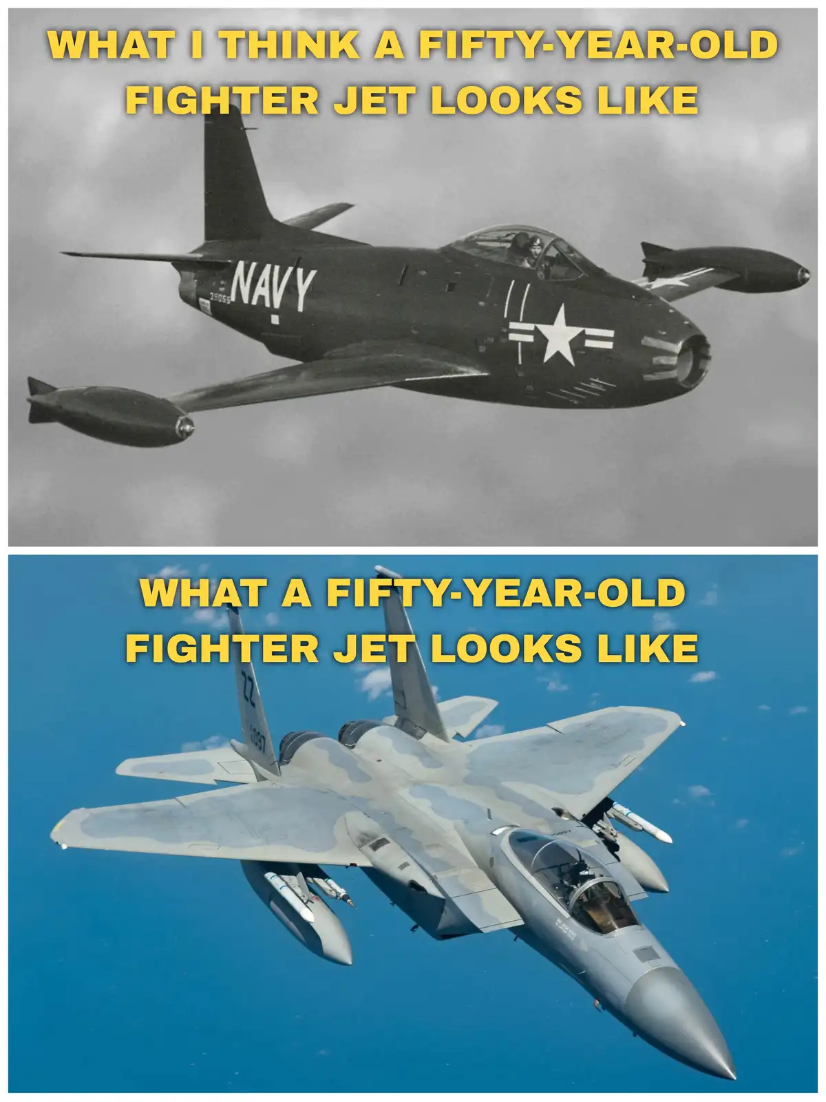 The image displays two fighter jets side-by-side. The top panel shows a vintage, black-and-white photo of a Navy jet with…