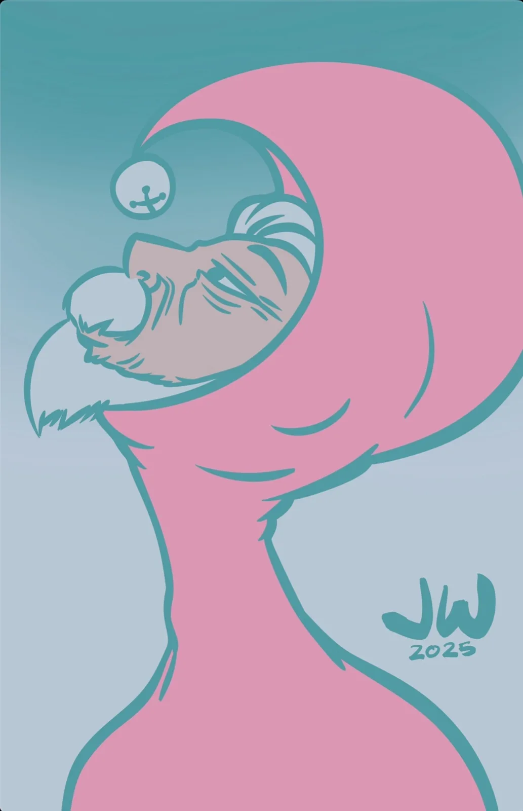 A stylized cartoon illustration of a pink, bird-like creature with a large head, a small eye with an anchor symbol, and a…