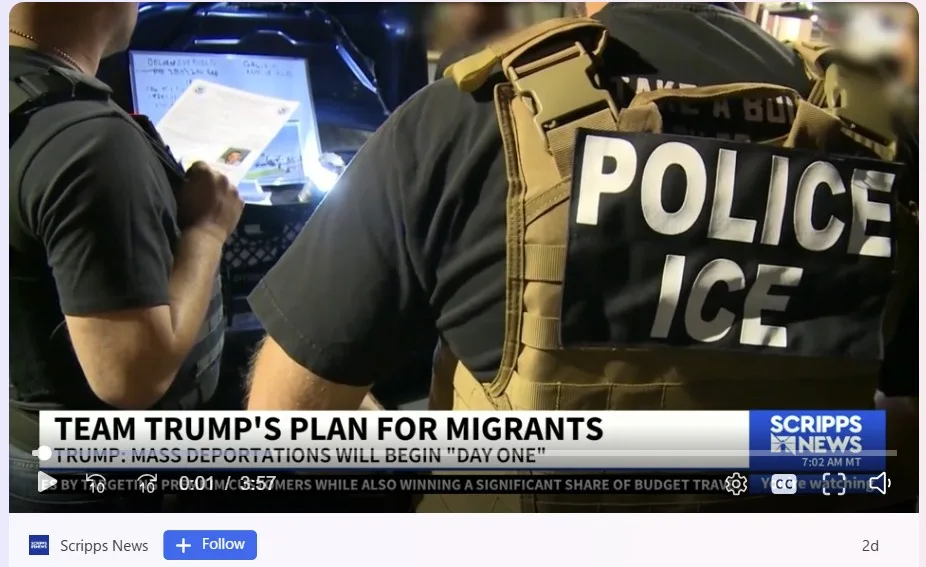 A screenshot from a Scripps News video shows two officers in tactical vests, one with a visible 'POLICE ICE' patch. The news…