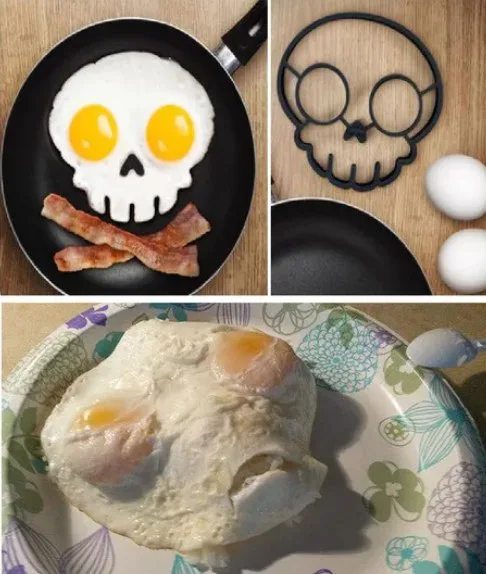 A collage shows a perfectly shaped skull made from fried eggs and bacon in a pan, next to the skull-shaped egg mold used to…