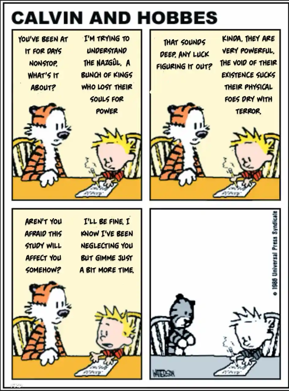 A four-panel Calvin and Hobbes comic strip where Calvin, a young boy, is intensely studying the Nazgûl from Lord of the…