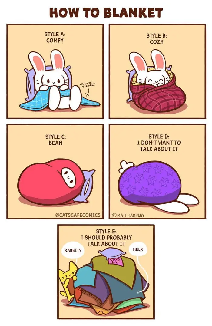 A comic strip titled 'HOW TO BLANKET' shows a cartoon rabbit demonstrating five blanket styles: 'COMFY' with a weighted…