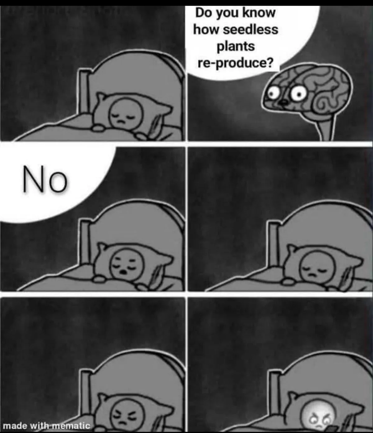 A four-panel black-and-white comic shows a sleeping cartoon character in bed. A brain character asks, 'Do you know how…